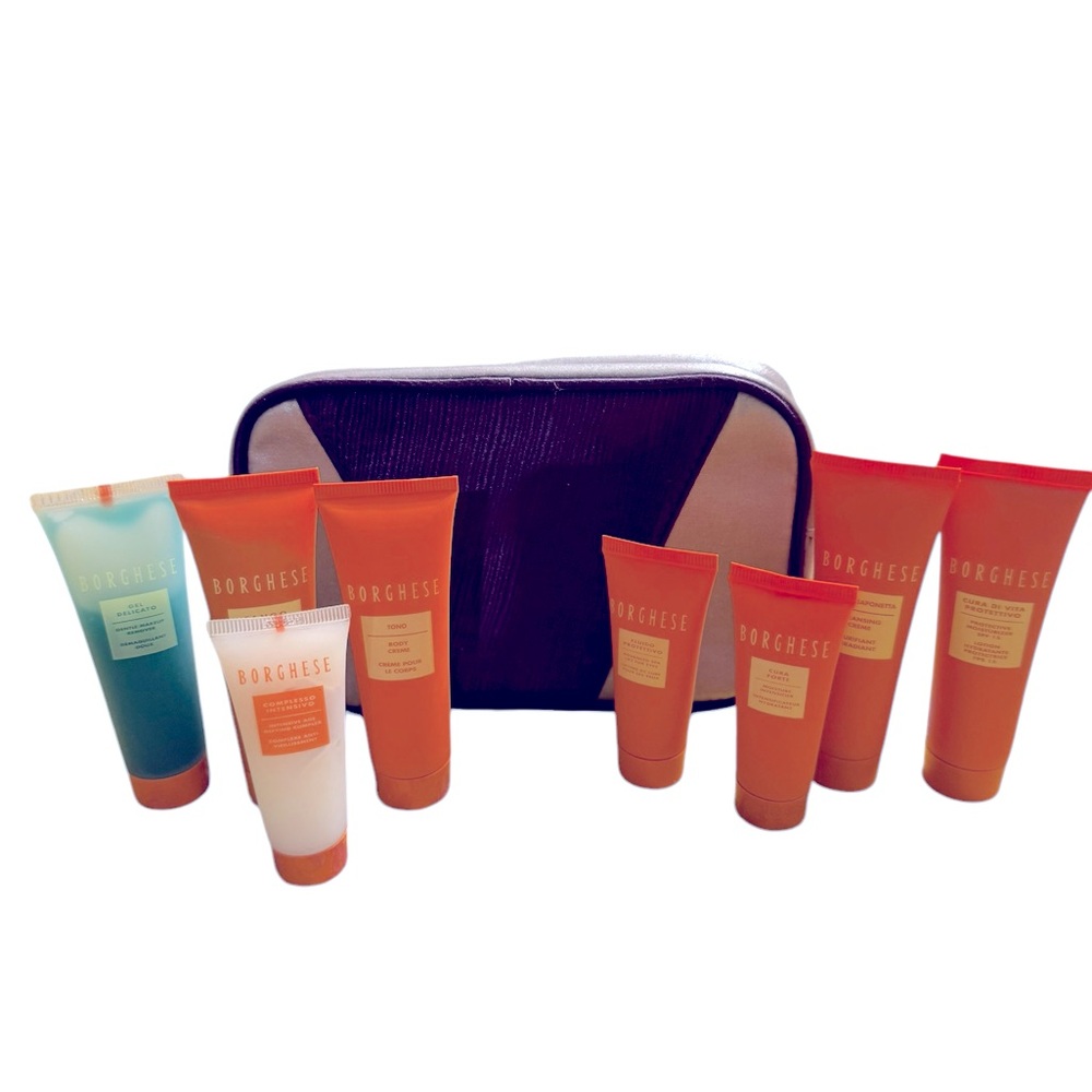 Borghese cosmetics bag with travel size collection of skincare products. NEW